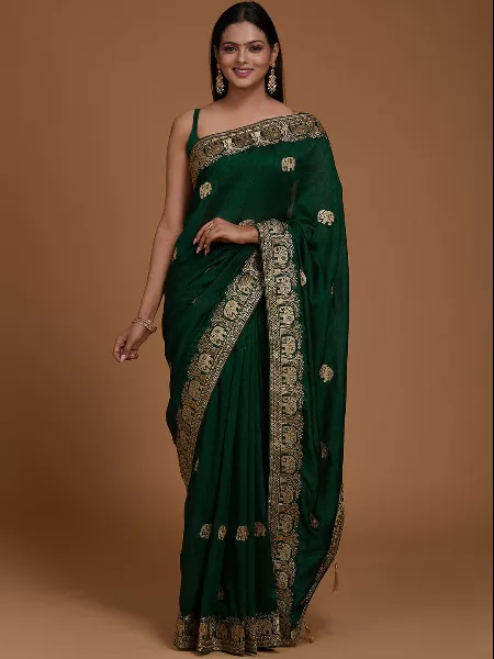 Green Color Vichitra Silk Saree With Embroidery Work Bridesmaid Saree With Blouse