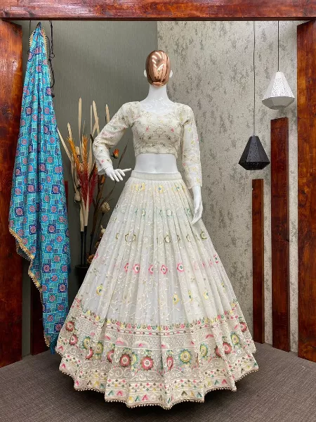 Designer White Georgette Lehenga Choli With Heavy Sequence and Cotton Thread Embroidery Work