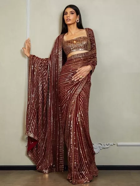 Maroon Color Bollywood Party Wear Saree Sequence Saree in Georgette With Heavy Blouse