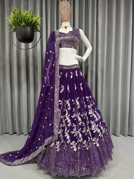 Purple Color Georgette Lehenga Choli With Heavy Sequence Embroidery Work