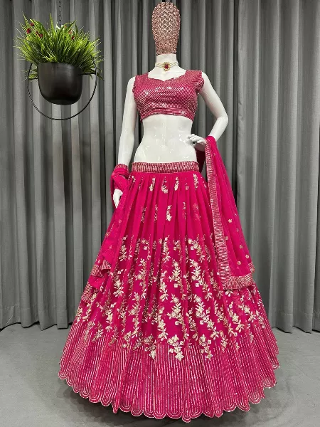 Pink Color Georgette Lehenga Choli With Heavy Sequence Embroidery Work