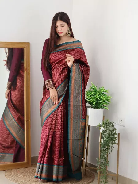 Wine Saree With Rama Border in Lichi Silk With Copper Weaving Traditional Indian Wedding Gift Sari