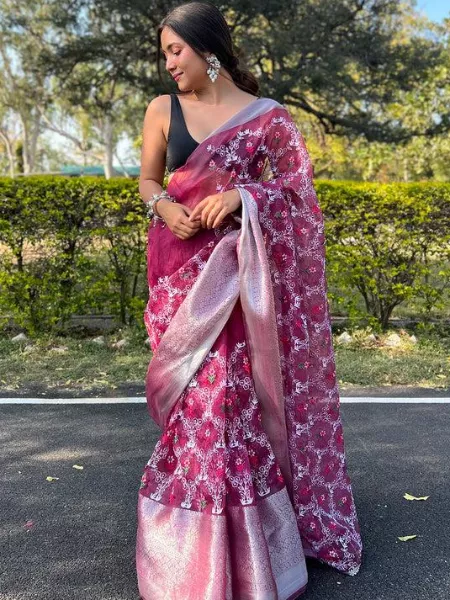 Wine Color Organza Jacquard With Floral Embroidery Worked Saree With Unstitched Blouse for Women Wedding and Party Wear