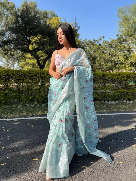 Sky Blue Color Organza Jacquard With Floral Embroidery Worked Saree With Unstitched Blouse for Women Wedding and Party Wear