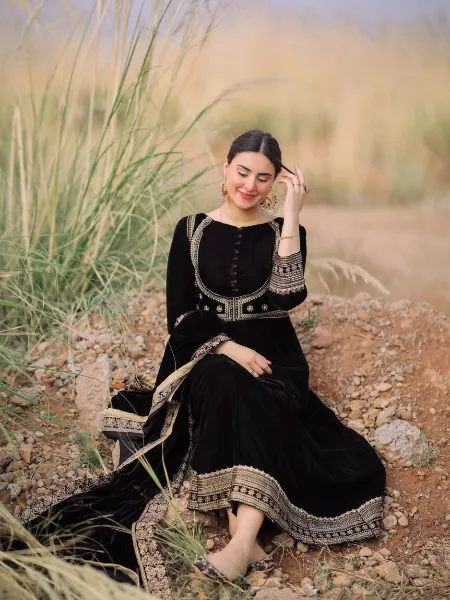 Black Color Anarkali in Velvet With Embroidery Work on Neck and Bottom