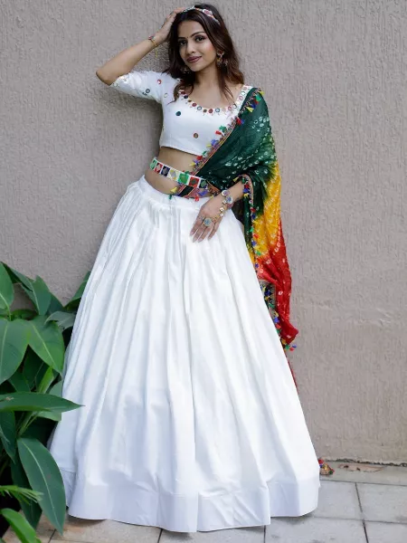 Amazing Navratri Chaniya Choli in White Color Cotton Fabric With Real Mirror Belt Garba Chaniya Choli