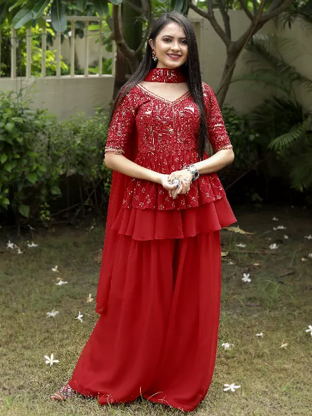 Red Color Top Sharara Set With Dupatta in Georgette With Sequence Embroidery Work