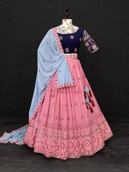 Beautiful Pink and Blue Lehenga Choli in Georgette With Paper Mirror Thread and Sequins Embroidery