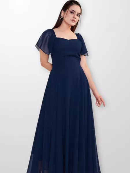 Beautiful Look Navy Blue Color Georgette Party Wear Gown with Sleeves