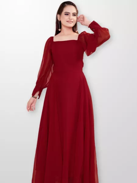 Beautiful Look Red Color Georgette Party Wear Gown with Long Sleeves