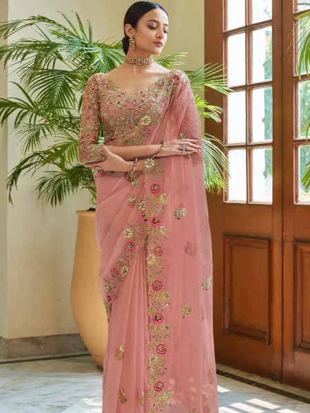 Traditional Saree in Peach With Sequence Work Indian Wedding Saree Sabyasachi Designer Sari