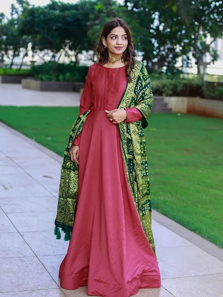 Maroon Color Chinon Party Wear Gown Ready to Wear Gown With 2 Dupatta