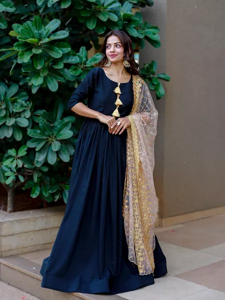 Black Color Chinon Party Wear Gown Ready to Wear Gown With 2 Dupatta