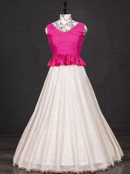 Ready to Wear Lehenga Choli in White and Pink Georgette With Sequence Work