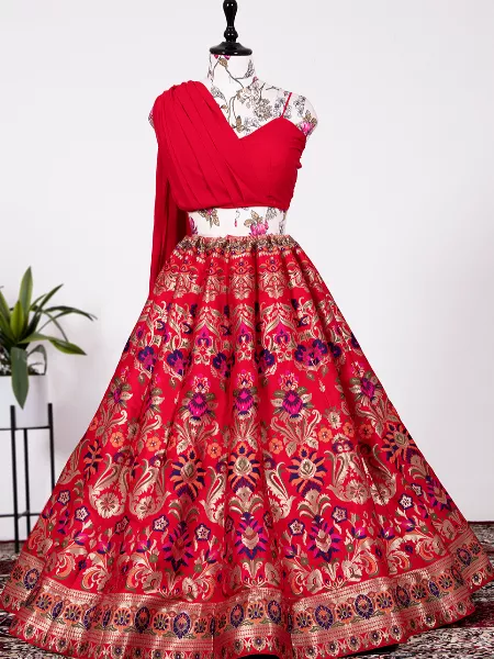 Red Banarasi Silk Lehenga Choli Zari Weaving Work Lehenga With Readymade Blouse Attached Georgette Fancy Dupatta for Indian Bridal Wear
