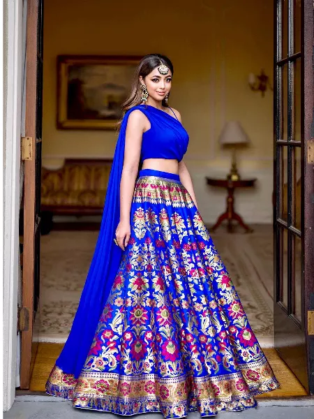 Royal Blue Banarasi Silk Lehenga Choli Zari Weaving Work Lehenga With Readymade Blouse Attached Georgette Fancy Dupatta for Indian Bridal Wear