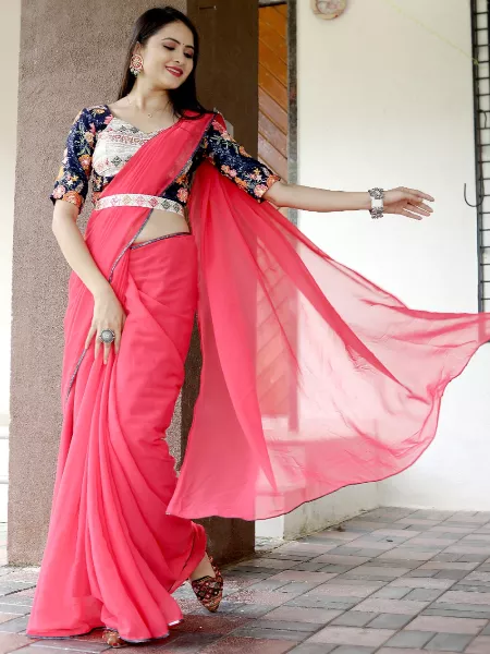 Gajari Color Party Wear Saree With Heavy Work Readymade Blouse and Waist Belt