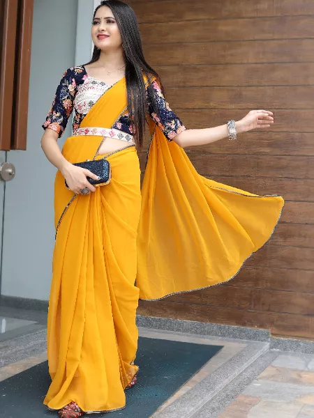 Yellow Color Party Wear Saree With Heavy Work Readymade Blouse and Waist Belt