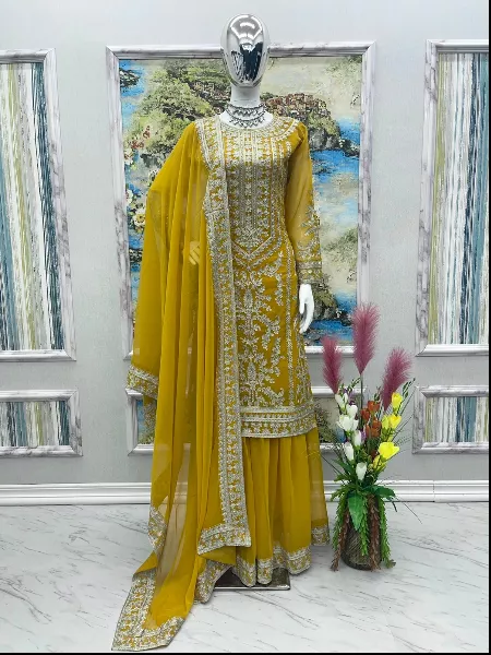 Yellow Color Georgette Top Palazzo Set with Dupatta and Heavy Embroidery Work