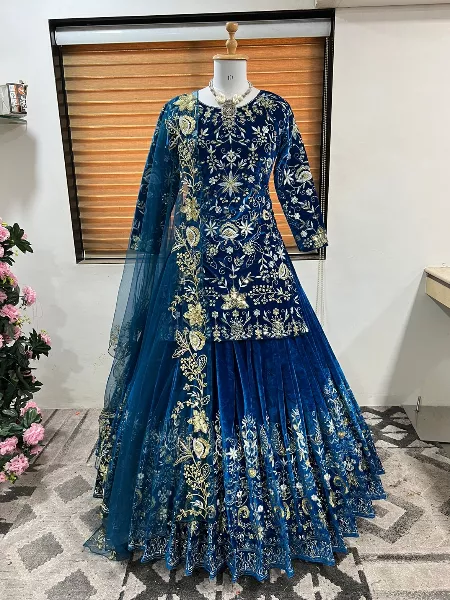 Rama Color Velvet Indo Western With Heavy Embroidery for Indian Pakistani Wedding