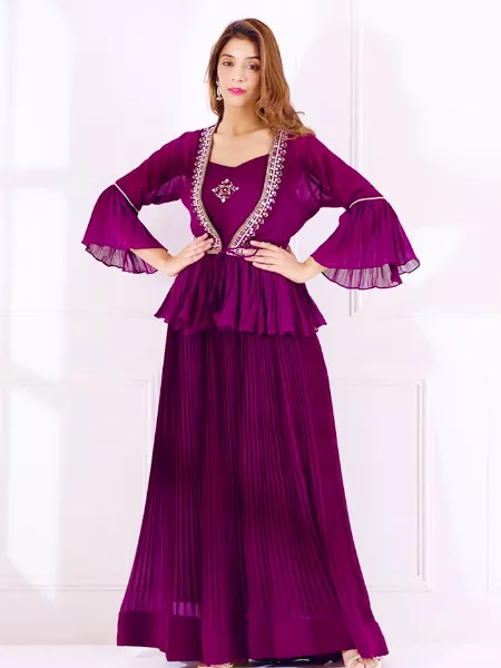 Purple Color Fancy Hand Work Gown With Crush Georgette Fabric and Fancy Frill Koti