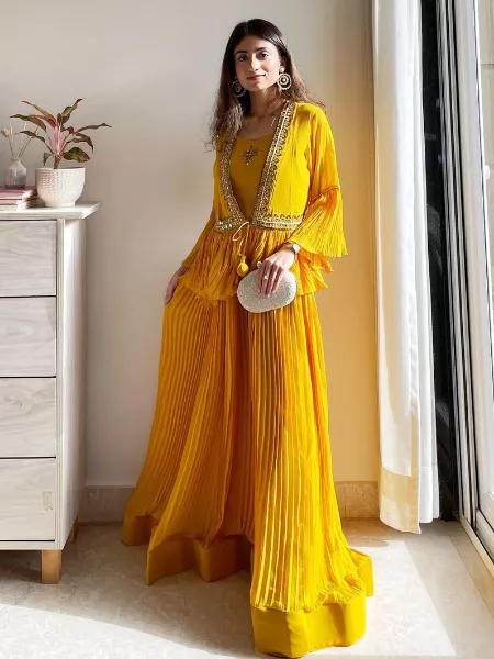 Yellow Haldi Gown Fancy Hand Work Gown With Crush Georgette Fabric and Fancy Frill Koti