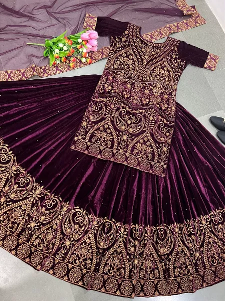 Wine Color Velvet Indo Western for Indian Pakistani Wedding Wear Velvet Top Lehenga Set