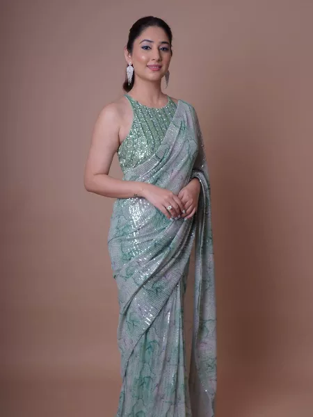 Bollywood Saree in Sky Blue Georgette With Digital Print and Sequence Work for Party and Reception