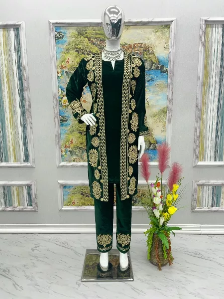 Green Color Velvet Pakistani Dress With Designer Embroidery Work Koti