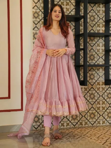 Full Length Light Pink Party Wear Gown With Digital Print Dupatta Anarkali Style Gown