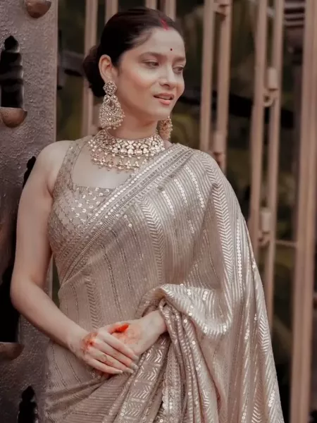 Ankita Lokhande Bollywood Saree in Georgette With Embroidery and Sequence Work in Chiku Color