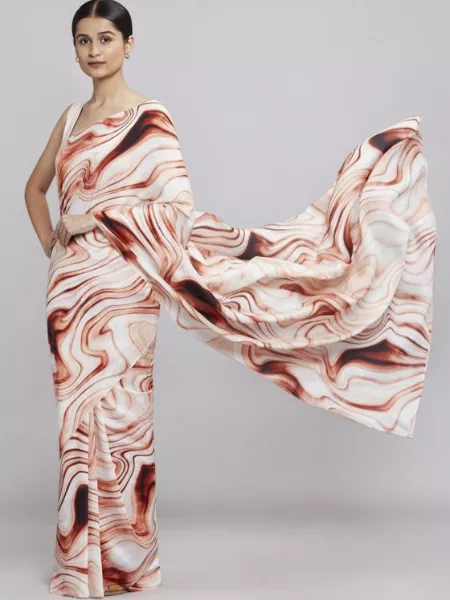 Orange Color Zebra Print Designer Saree in Chinnon Silk With Blouse
