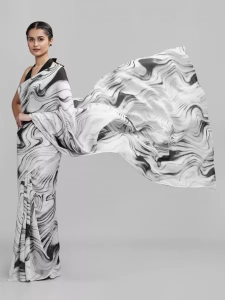 Black Color Zebra Print Designer Saree in Chinnon Silk With Blouse