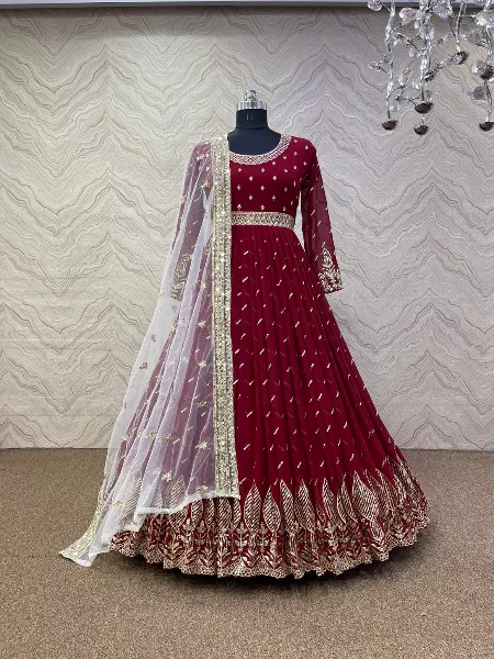 Maroon Fancy Heavy Embroidery 5mm Sequence Work Gown With Dupatta