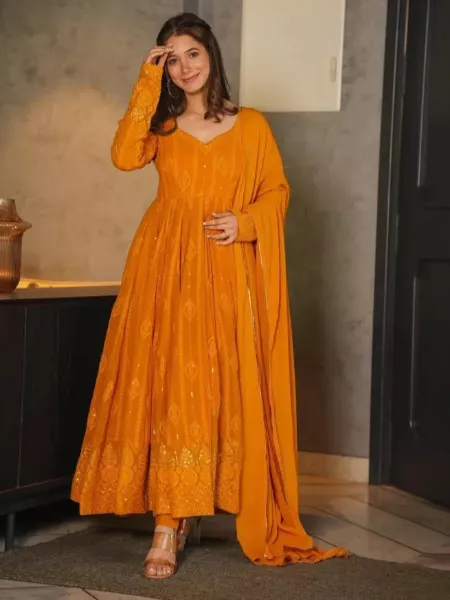 Indian Wedding Haldi Ceremony Gown With Dupatta Yellow Color Gown