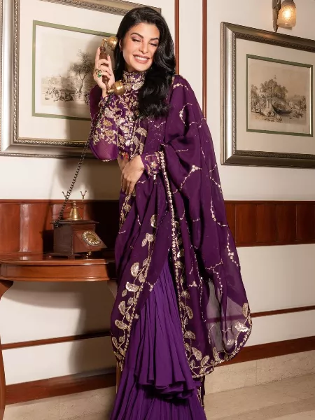 Jacqueline Fernandez Saree in Wine Color Georgette Bollywood Ready to Wear Saree