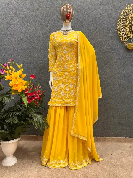 Yellow Color Top Palazzo Set With Thread Embroidery Work for Wedding Haldi Ceremony