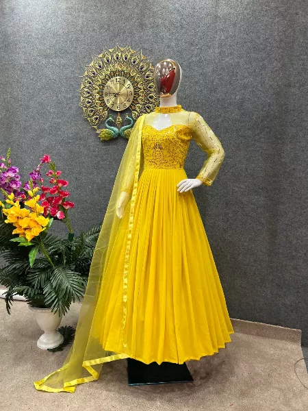 Beautiful Queen Neck Yellow Anarkali Dress With Full Sleeves and Dupatta for Wedding Haldi Gown