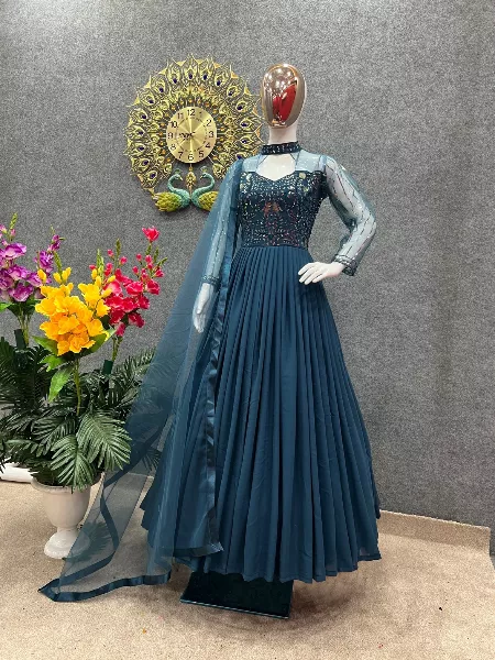 Beautiful Queen Neck Blue Anarkali Dress With Full Sleeves and Dupatta for  Wedding Haldi Gown in USA UK Malaysia South Africa Dubai Singapore