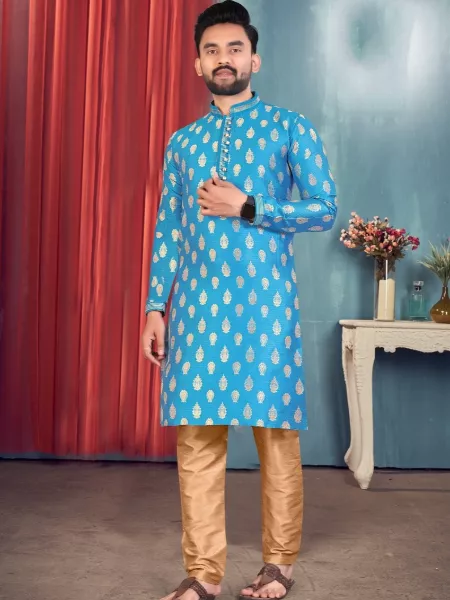 Sky Blue Color Men's Traditional Kurta in Jacquard Fabric Shadi Kurta for Men