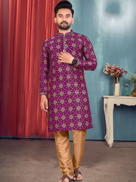 Wine Color Men's Traditional Kurta in Jacquard Fabric Shadi Kurta for Men