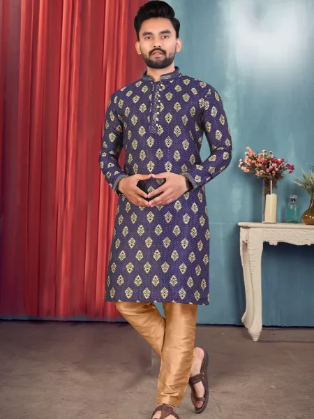Blue Color Men's Traditional Kurta in Jacquard Fabric Shadi Kurta for Men