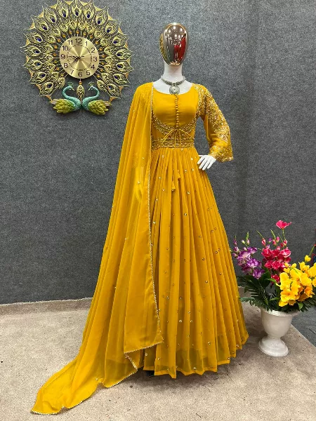 Yellow Color Designer Bollywood Anarkali Dress With Embroidery and Dupatta
