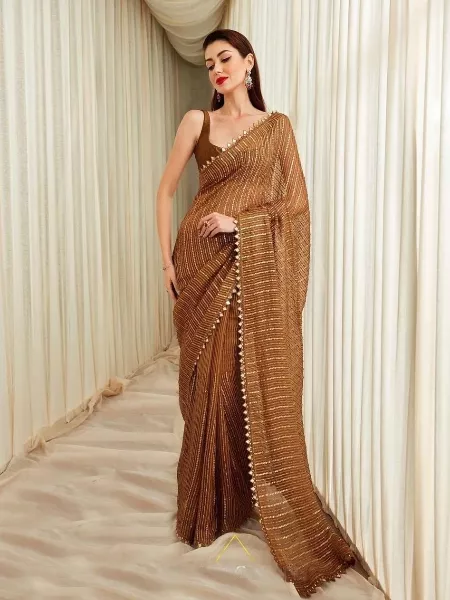 Coffee Color Sequence Saree in Georgette With Bollywood Style Sequence Saree