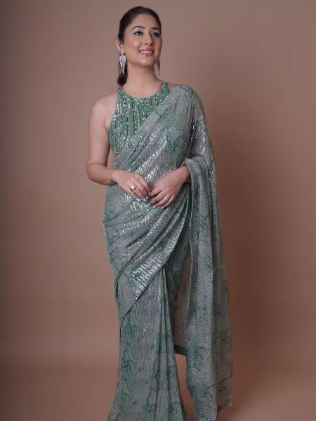 Disha Parmar Bollywood Saree in Heavy Print Georgette With Sequins Work and Banglori Satin Mirror Work Blouse
