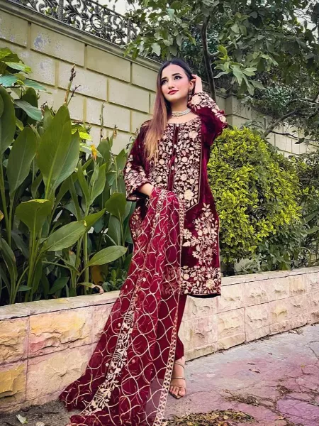 Maroon Color Pakistani Suit With Pent and Dupatta Set With Heavy Embroidery Work
