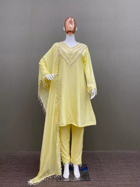 Yellow Eid Festival Wear Pakistani Suit With Pant And Dupatta With Hand Work