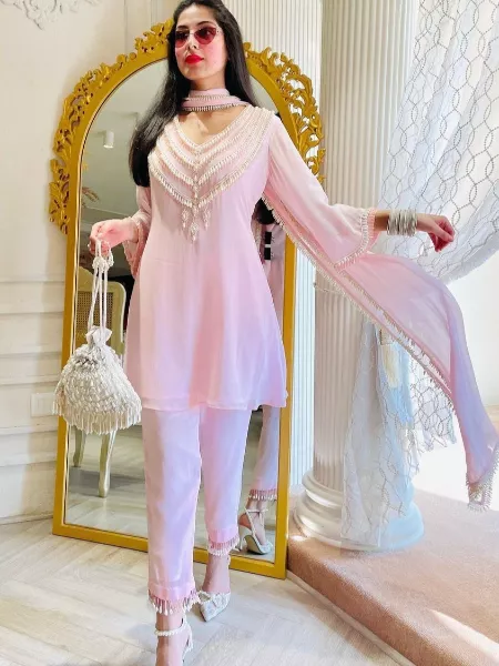 Eid Festival Wear Pakistani Suit With Pant And Dupatta With Hand Work