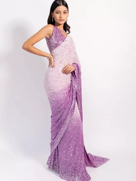 Lavender Party Wear Stylish Georgette Sequence Work and Printed Sari With Blouse