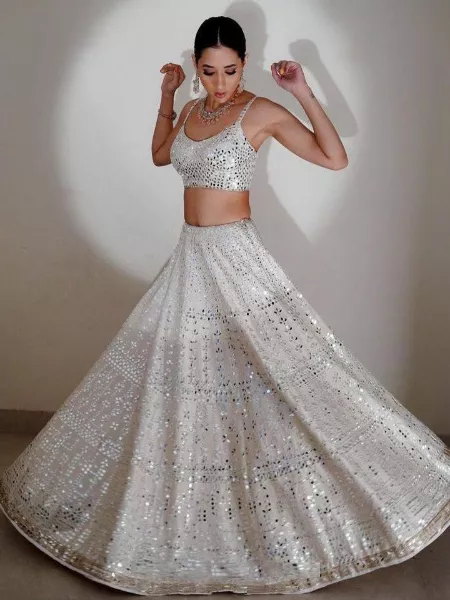White Georgette Foil Paper Work Lehenga Choli for Women, Indian Wedding Wear, Bridal Party Wear Lehenga Choli